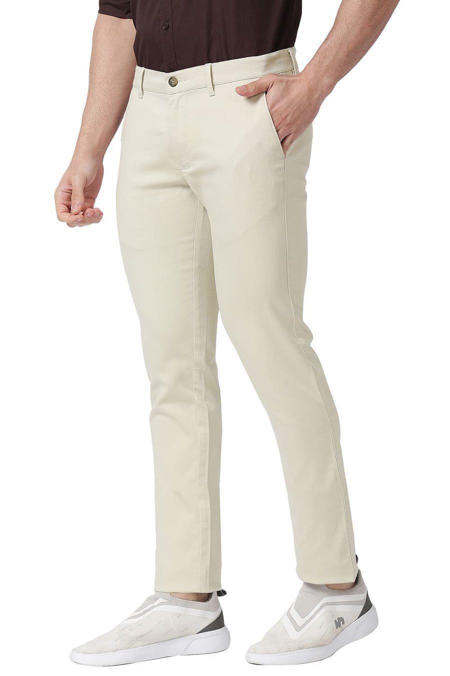 BASICS TAPERED FIT PARCHMENT BEIGE COTTON STRETCH TROUSERS