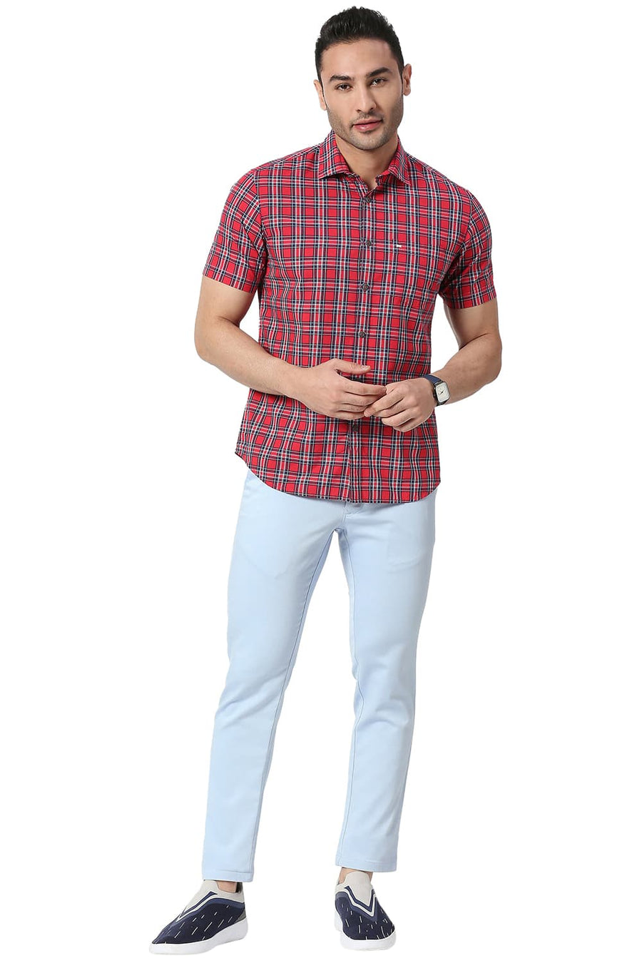 BASICS TAPERED FIT BALLAD BLUE COTTON STRETCH TROUSERS