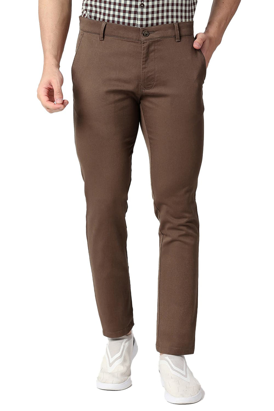 BASICS TAPERED FIT DOWNTOWN BROWN COTTON STRETCH TROUSERS