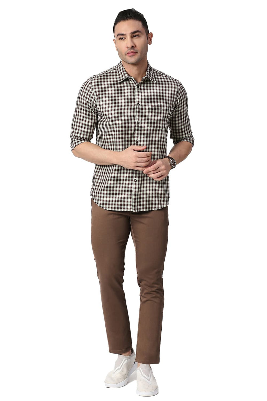 BASICS TAPERED FIT DOWNTOWN BROWN COTTON STRETCH TROUSERS