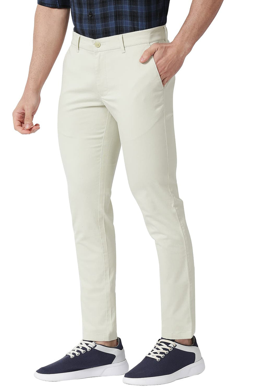BASICS TAPERED FIT BONE WHITE STONE COTTON STRETCH TROUSERS