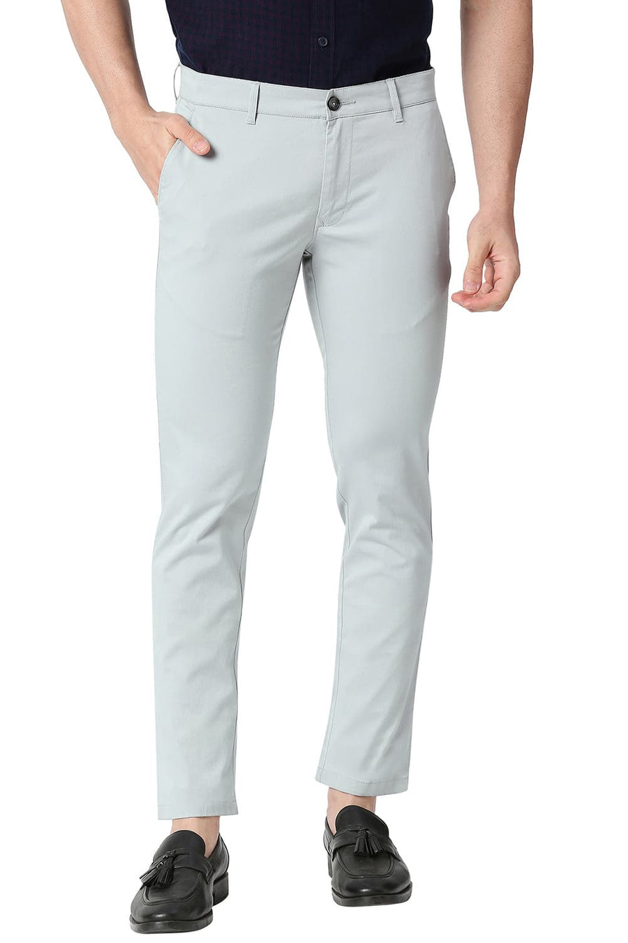 BASICS TAPERED FIT PEARL GREY COTTON STRETCH TROUSERS