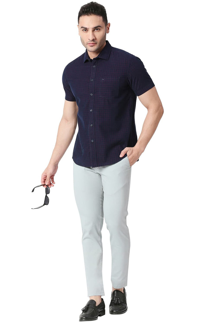 BASICS TAPERED FIT PEARL GREY COTTON STRETCH TROUSERS
