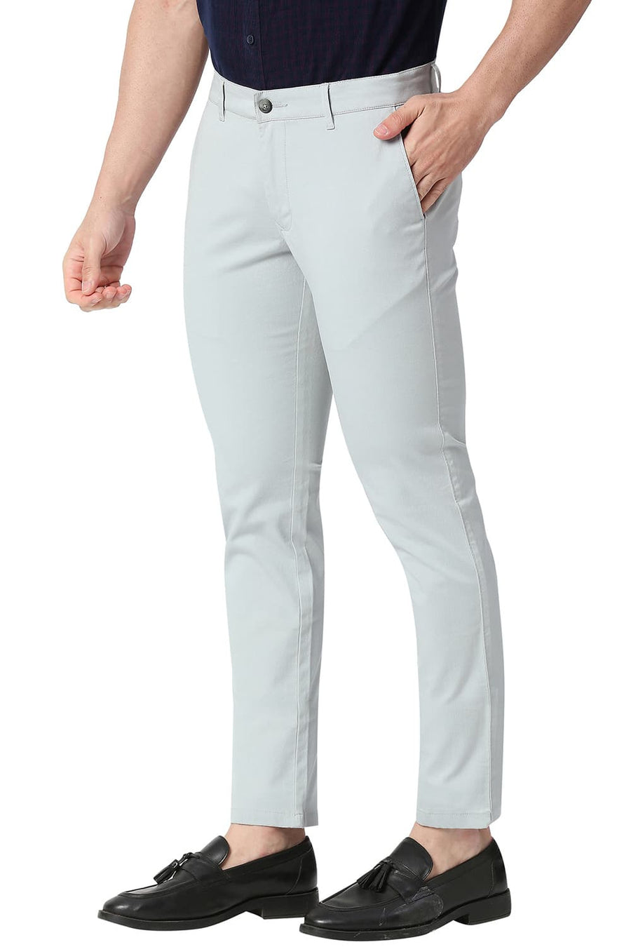 BASICS TAPERED FIT PEARL GREY COTTON STRETCH TROUSERS