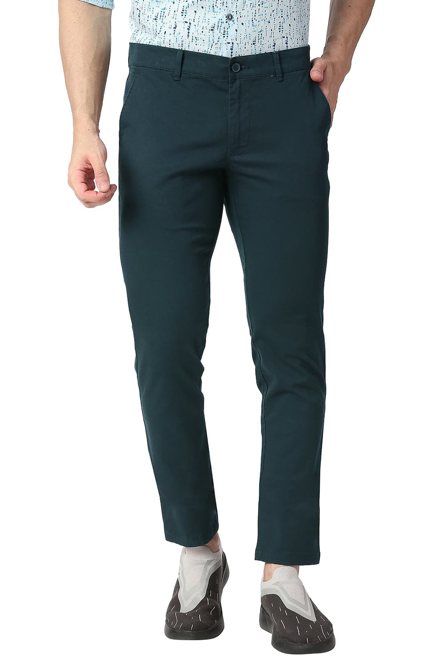 BASICS TAPERED FIT STRATIFIED GREEN COTTON STRETCH TROUSERS
