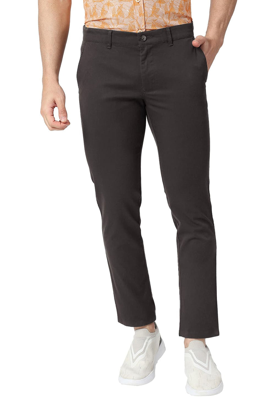 BASICS TAPERED FIT OBSIDIAN BROWN COTTON STRETCH TROUSERS