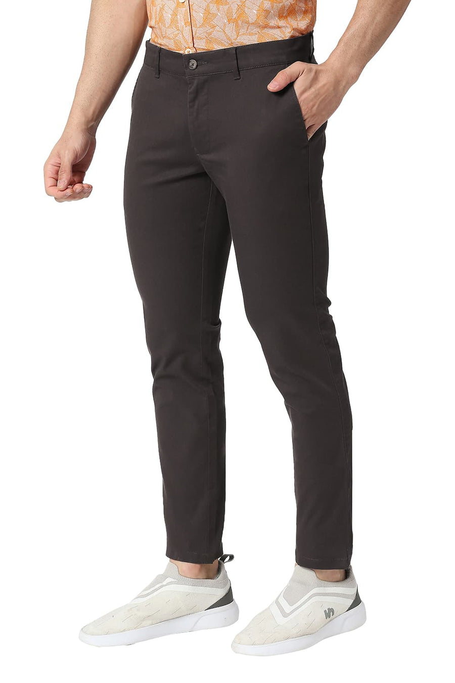 BASICS TAPERED FIT OBSIDIAN BROWN COTTON STRETCH TROUSERS