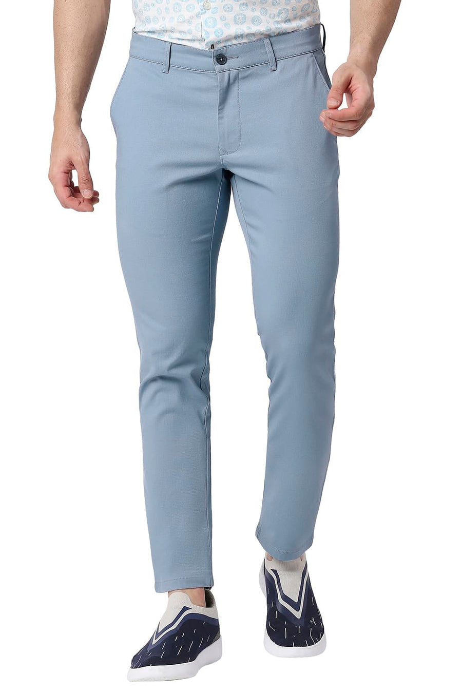 BASICS TAPERED FIT FOG BLUE COTTON STRETCH TROUSERS