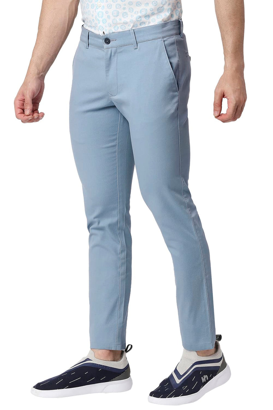 BASICS TAPERED FIT FOG BLUE COTTON STRETCH TROUSERS