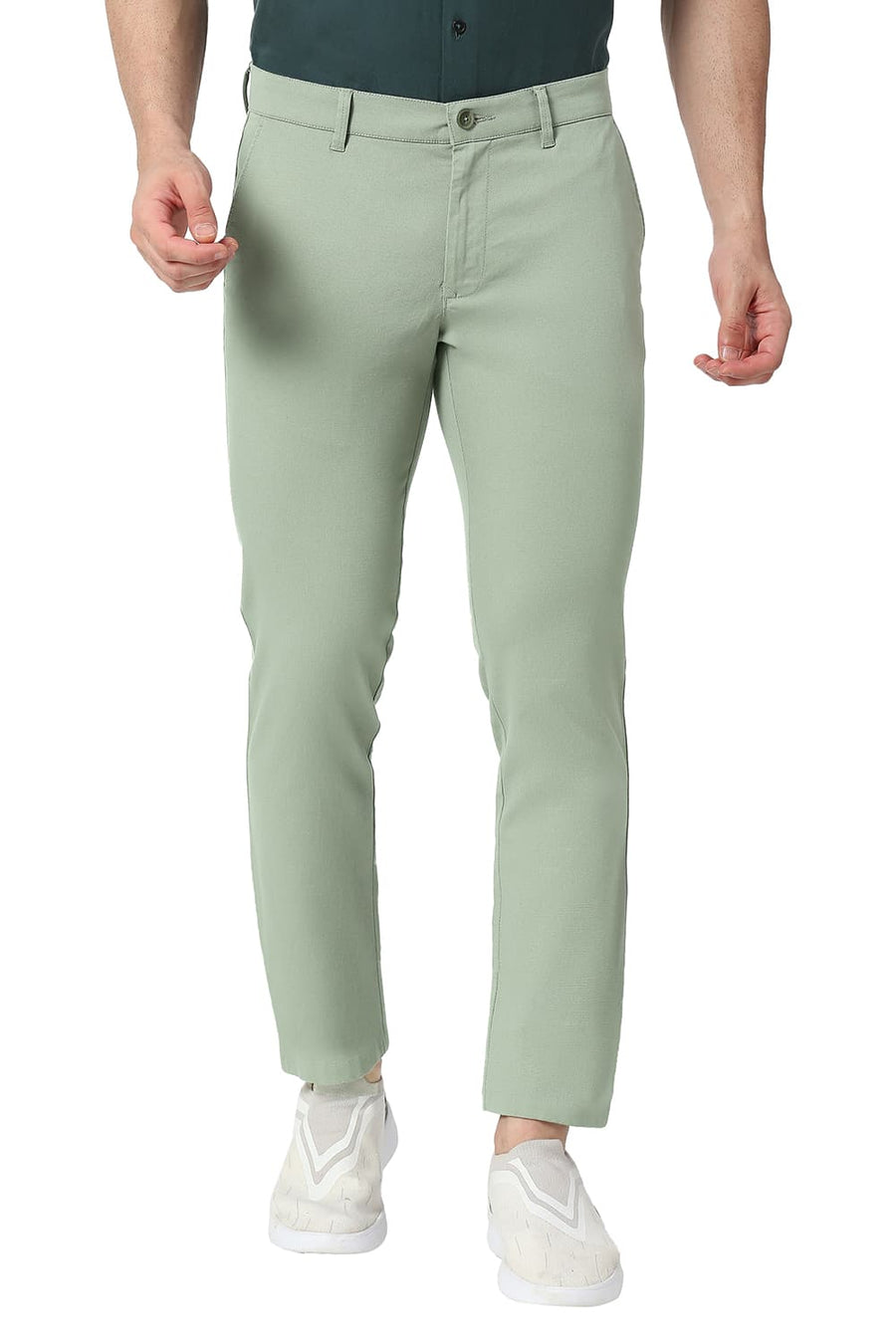 BASICS TAPERED FIT SEAGRASS GREEN COTTON STRETCH TROUSERS