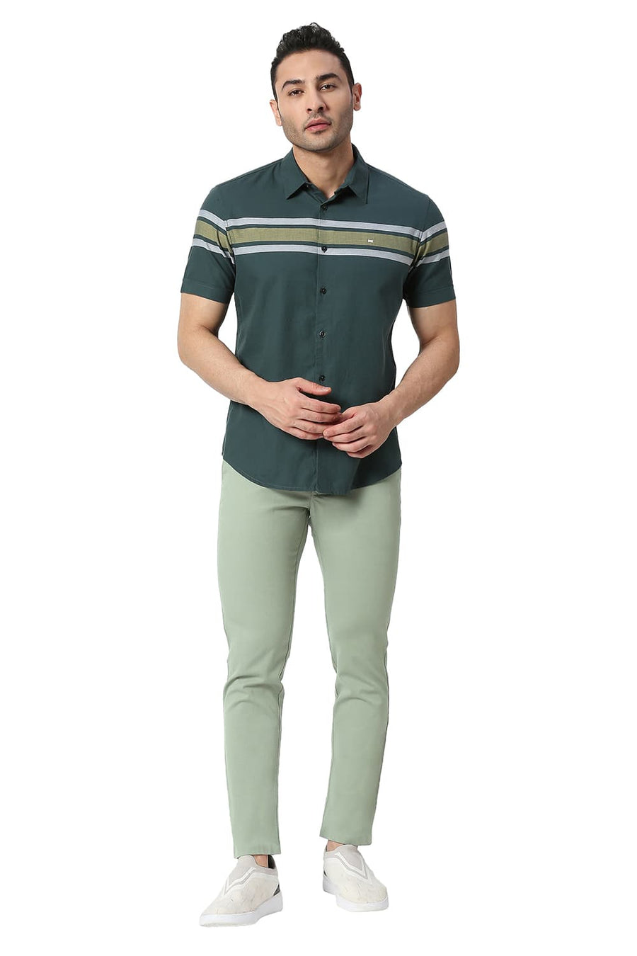 BASICS TAPERED FIT SEAGRASS GREEN COTTON STRETCH TROUSERS