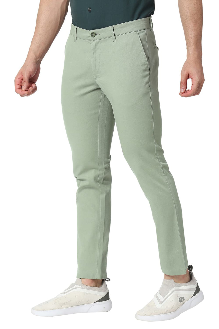 BASICS TAPERED FIT SEAGRASS GREEN COTTON STRETCH TROUSERS