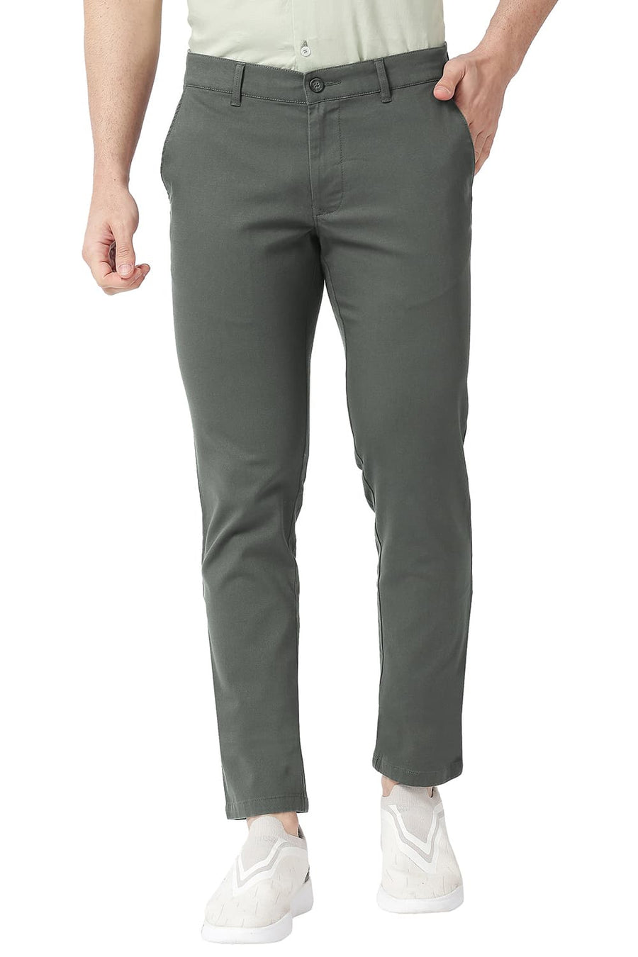 BASICS TAPERED FIT GUNMETAL GREY COTTON STRETCH TROUSERS