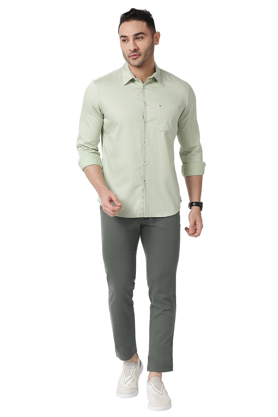 BASICS TAPERED FIT GUNMETAL GREY COTTON STRETCH TROUSERS