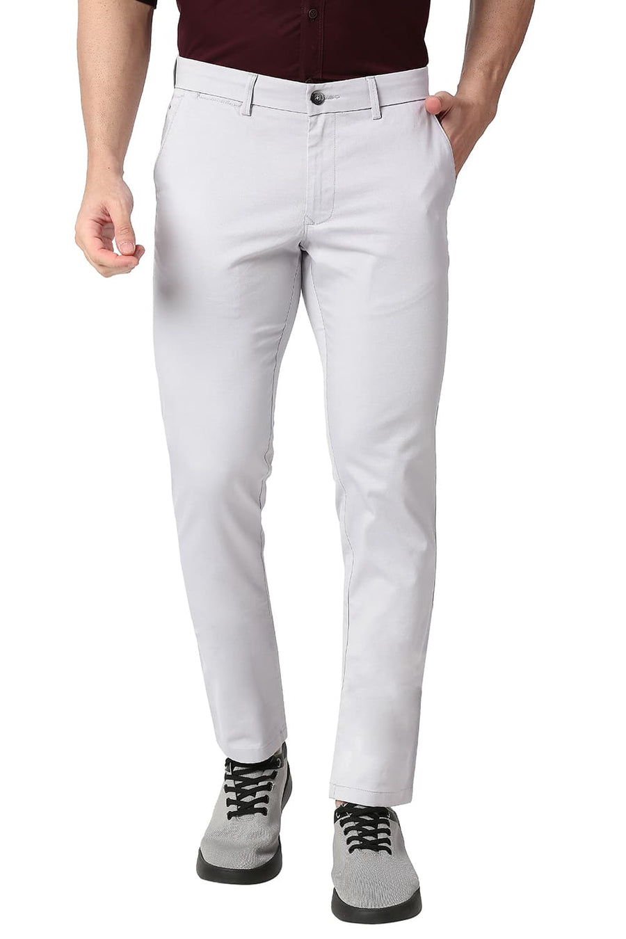 BASICS TAPERED FIT OYSTER GREY COTTON STRETCH TROUSERS