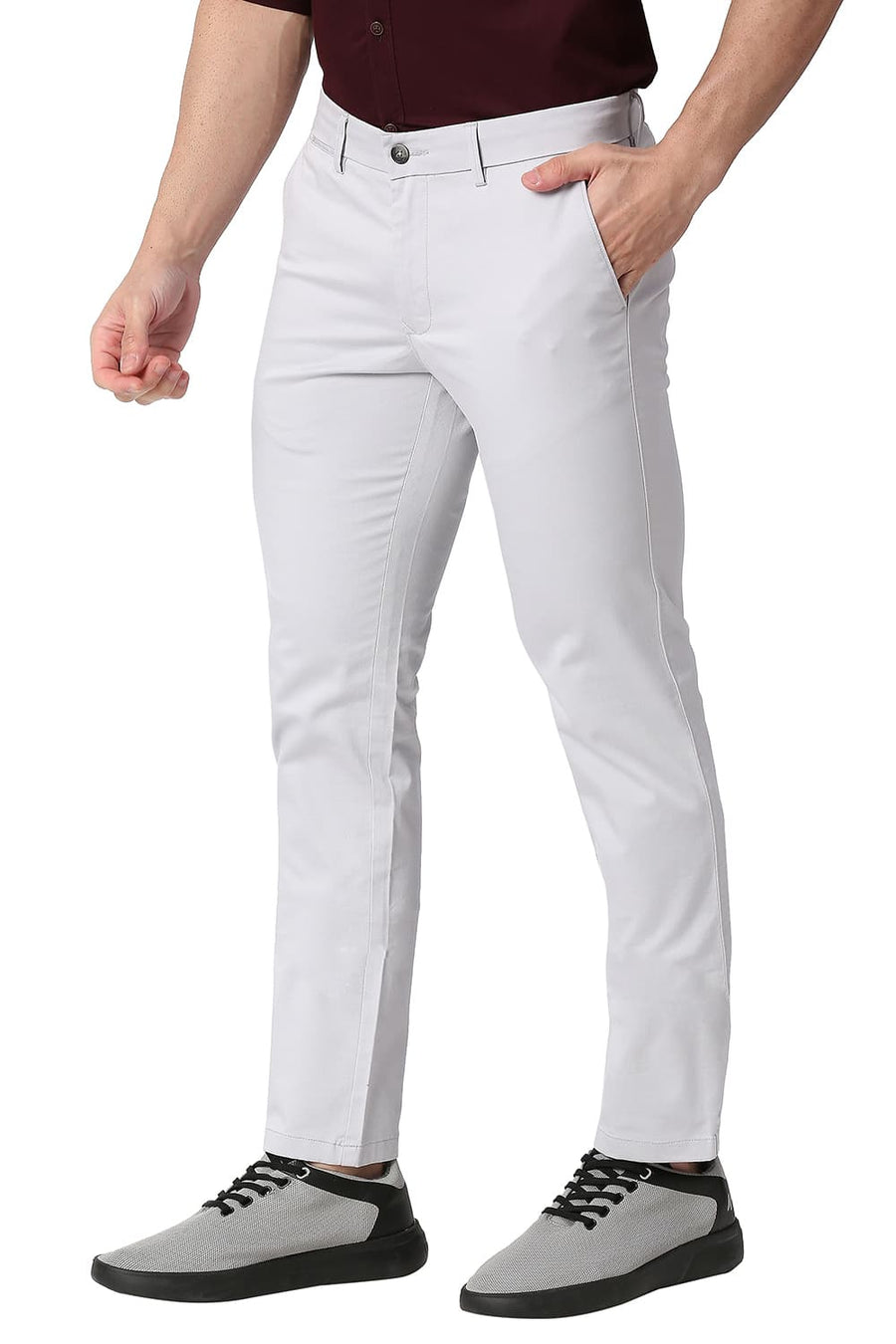BASICS TAPERED FIT OYSTER GREY COTTON STRETCH TROUSERS