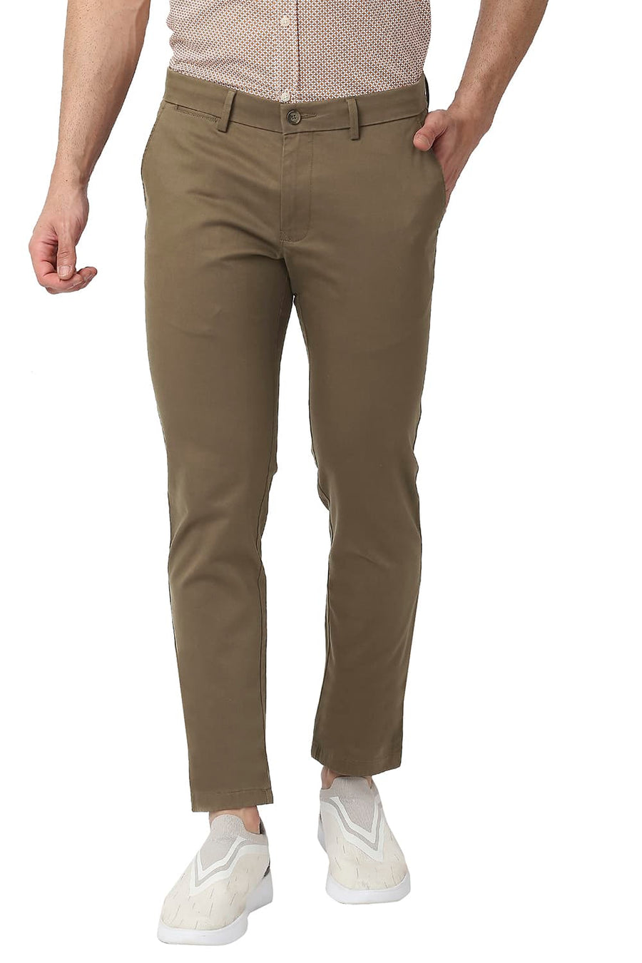 BASICS TAPERED FIT SEPIA BROWN COTTON STRETCH TROUSERS