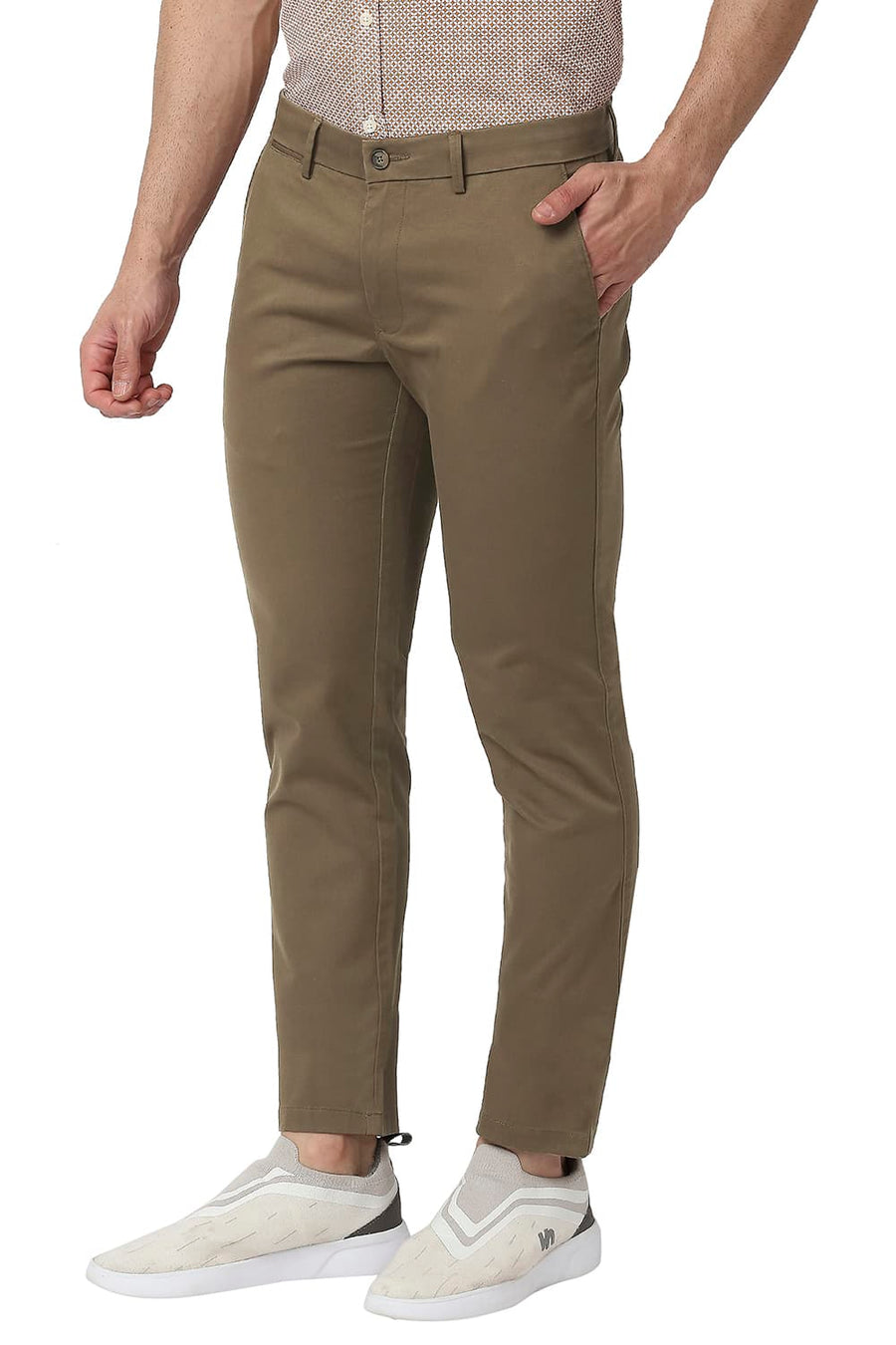 BASICS TAPERED FIT SEPIA BROWN COTTON STRETCH TROUSERS