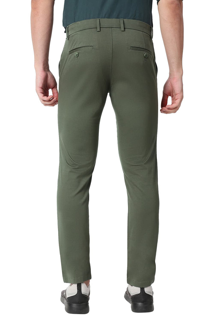 BASICS TAPERED FIT THYME GREEN COTTON STRETCH TROUSERS