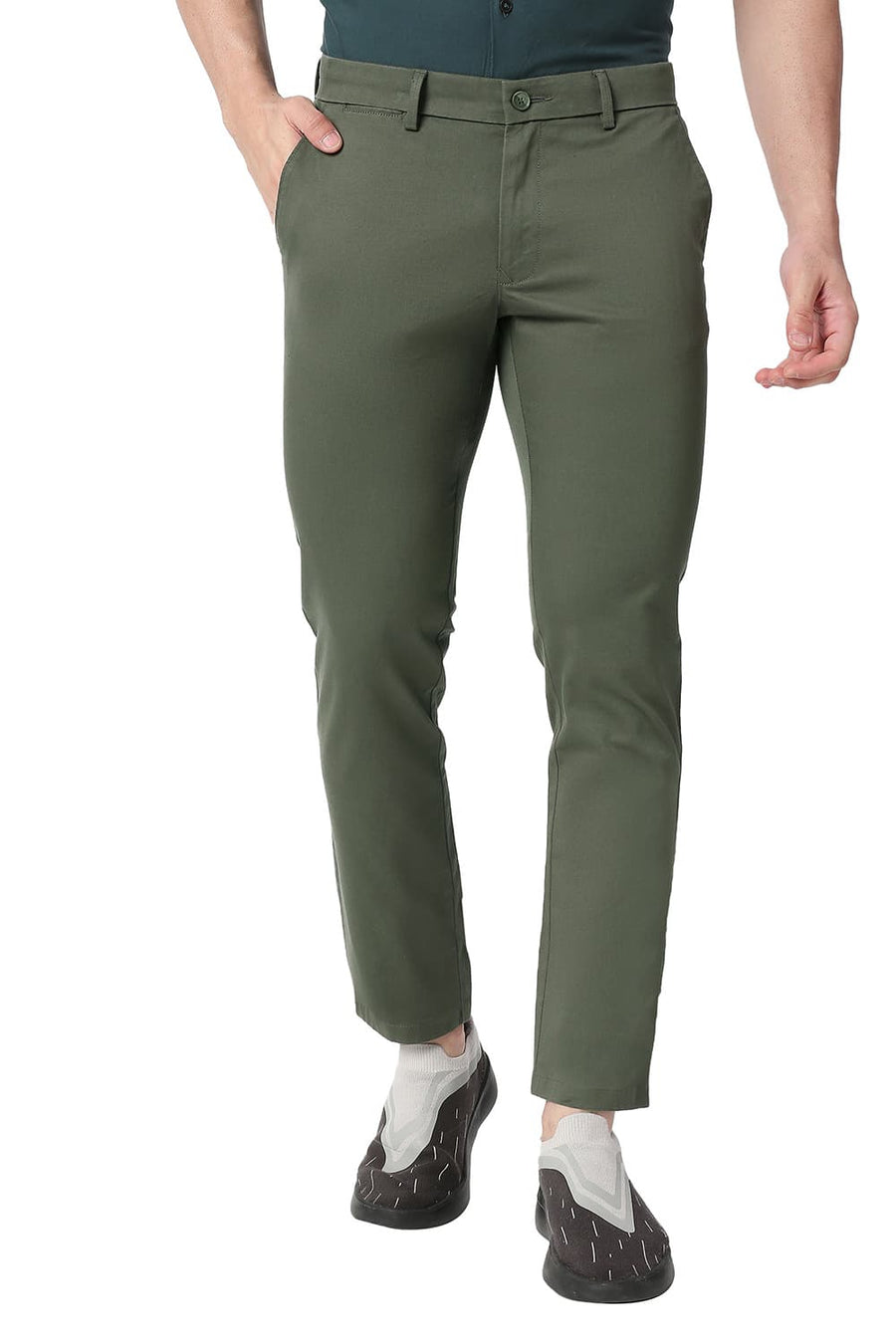 BASICS TAPERED FIT THYME GREEN COTTON STRETCH TROUSERS