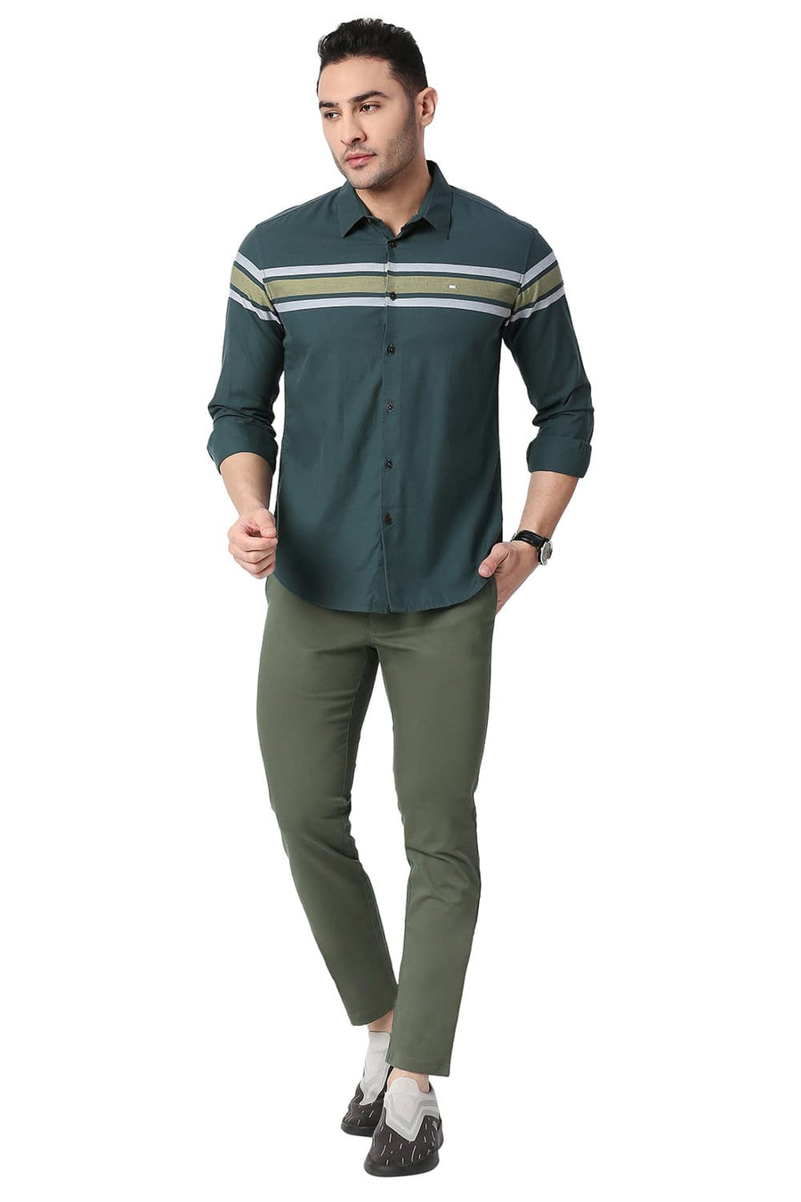 BASICS TAPERED FIT THYME GREEN COTTON STRETCH TROUSERS
