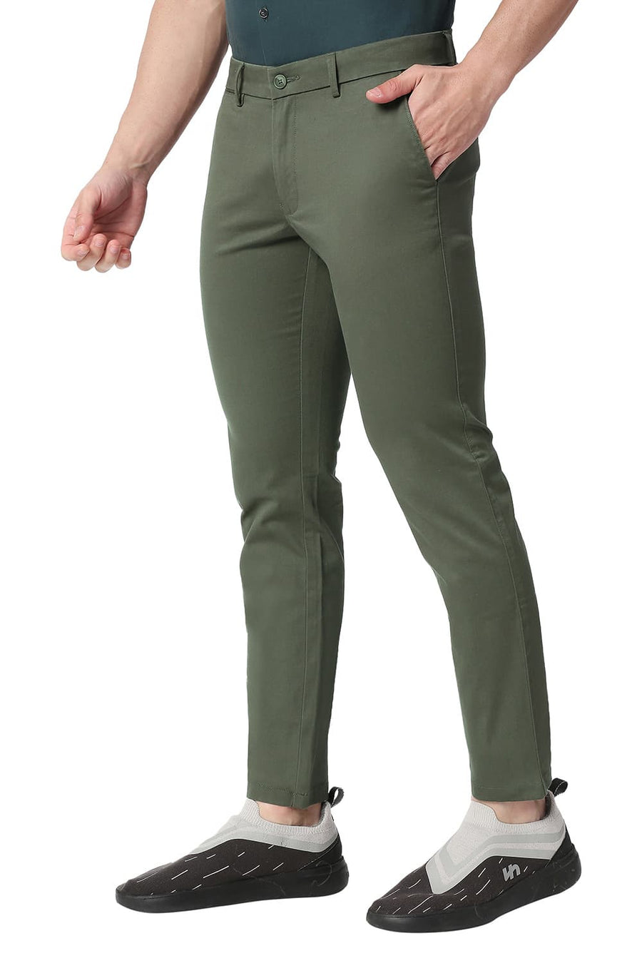 BASICS TAPERED FIT THYME GREEN COTTON STRETCH TROUSERS