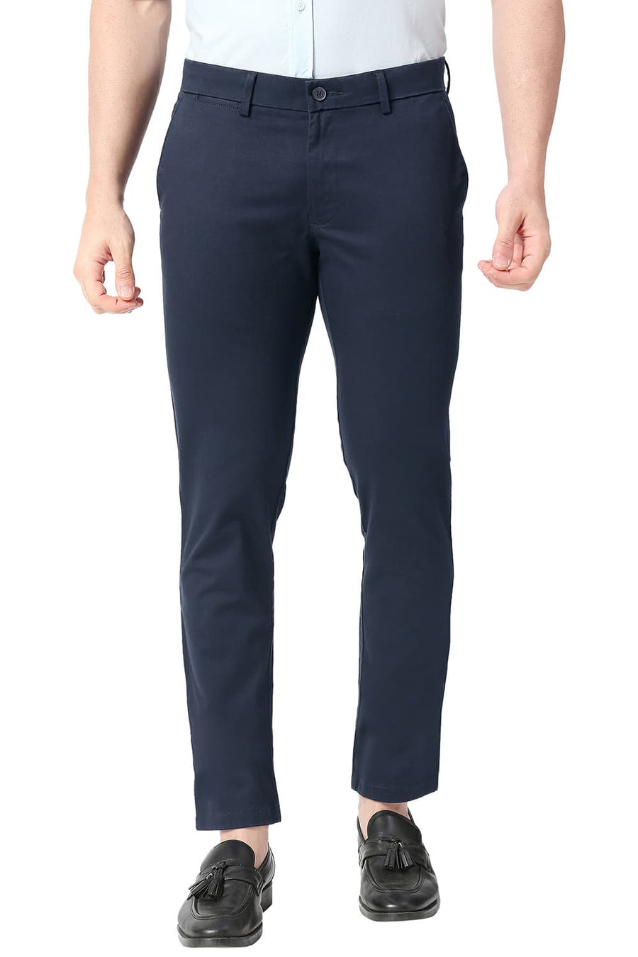 BASICS TAPERED FIT BLUEBERRY NAVY COTTON STRETCH TROUSERS