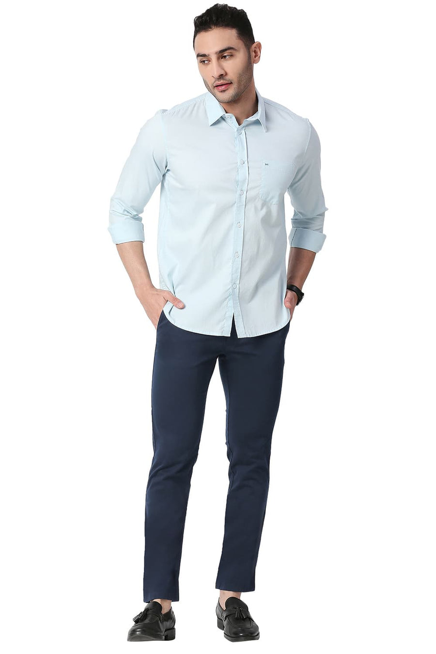 BASICS TAPERED FIT BLUEBERRY NAVY COTTON STRETCH TROUSERS