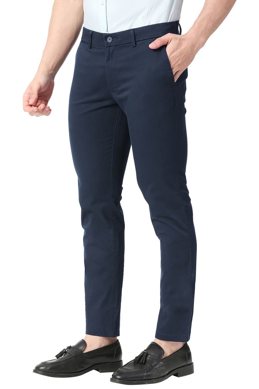 BASICS TAPERED FIT BLUEBERRY NAVY COTTON STRETCH TROUSERS