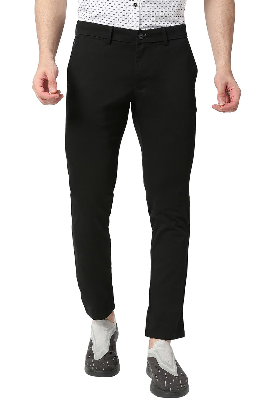 BASICS TAPERED FIT PHANTOM BLACK COTTON STRETCH TROUSERS