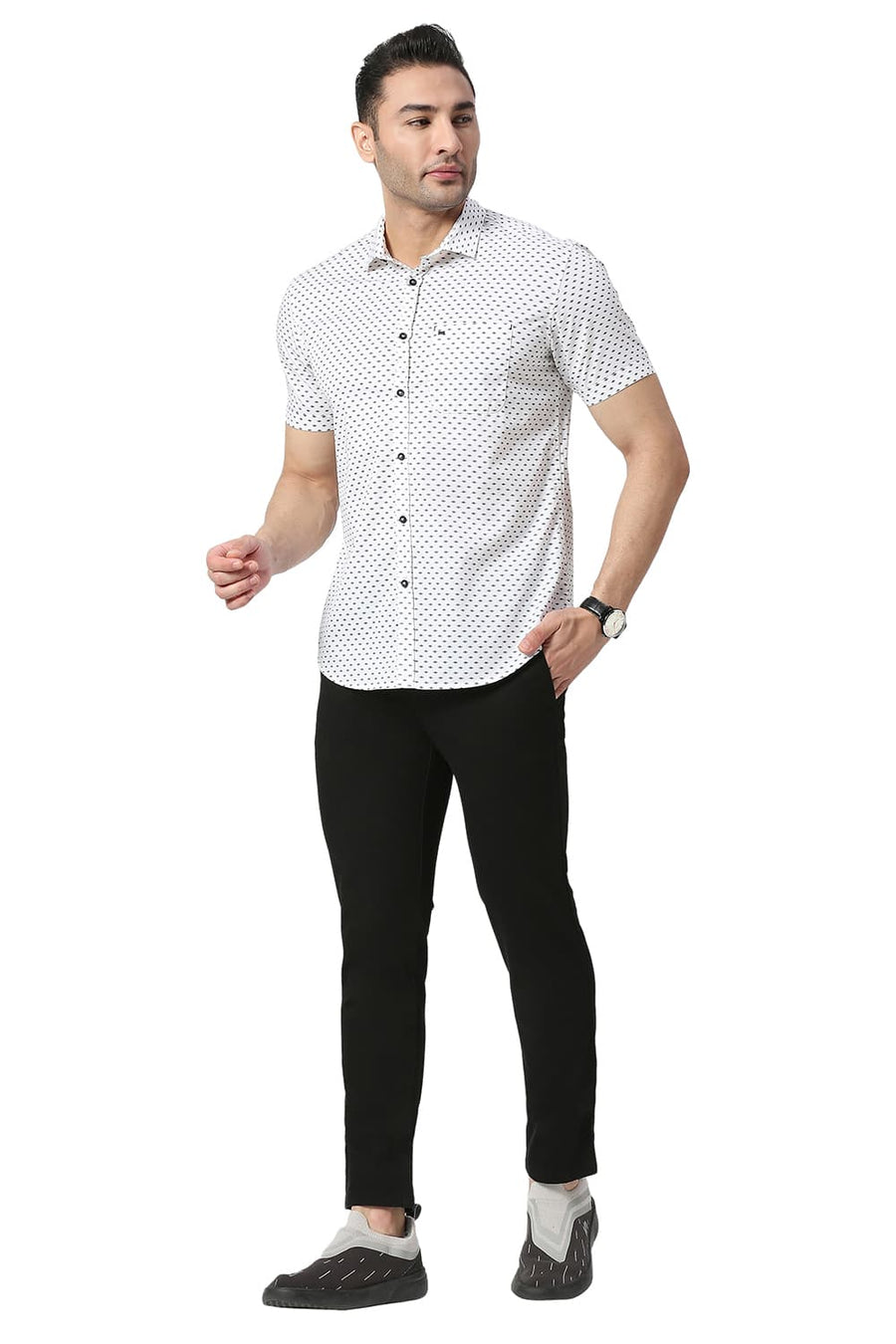 BASICS TAPERED FIT PHANTOM BLACK COTTON STRETCH TROUSERS
