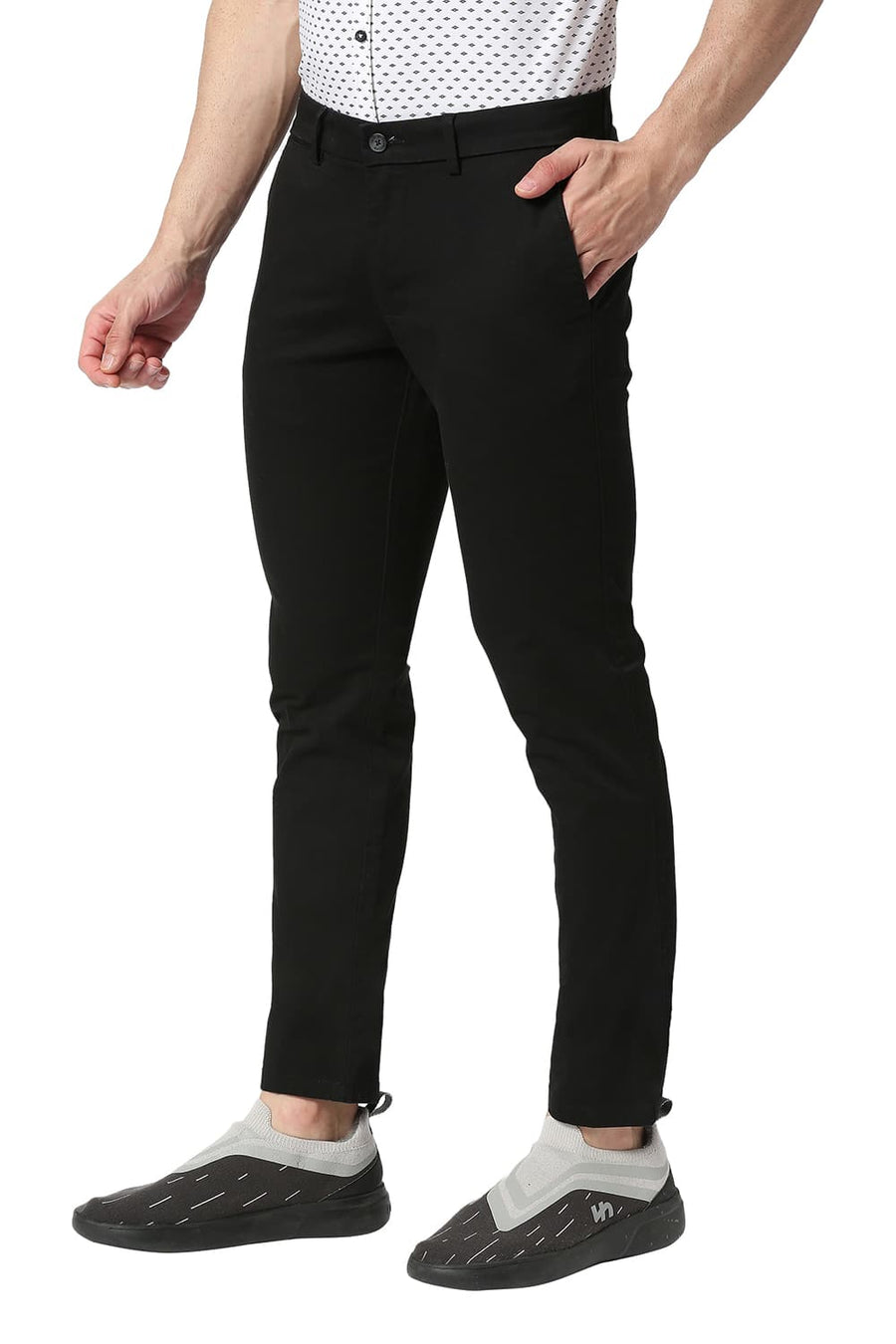 BASICS TAPERED FIT PHANTOM BLACK COTTON STRETCH TROUSERS