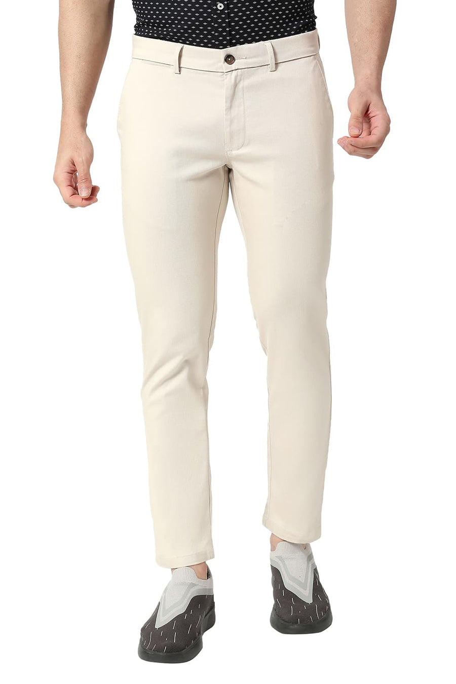 BASICS TAPERED FIT WHITECAP BEIGE COTTON STRETCH TROUSERS