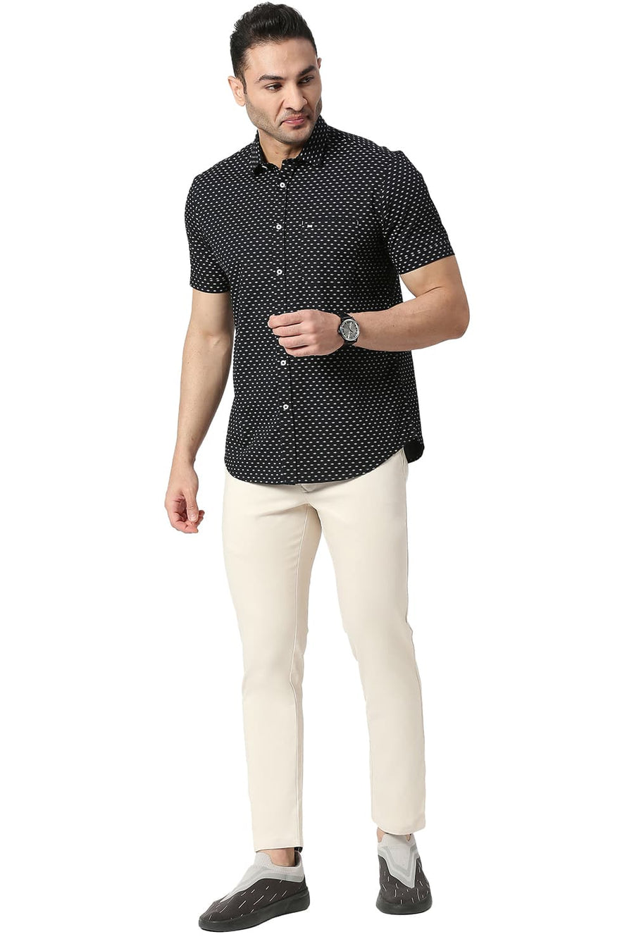 BASICS TAPERED FIT WHITECAP BEIGE COTTON STRETCH TROUSERS