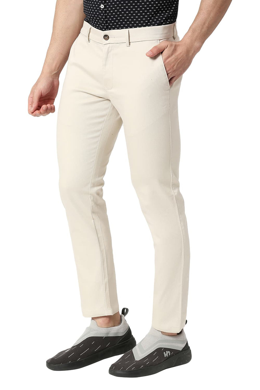 BASICS TAPERED FIT WHITECAP BEIGE COTTON STRETCH TROUSERS