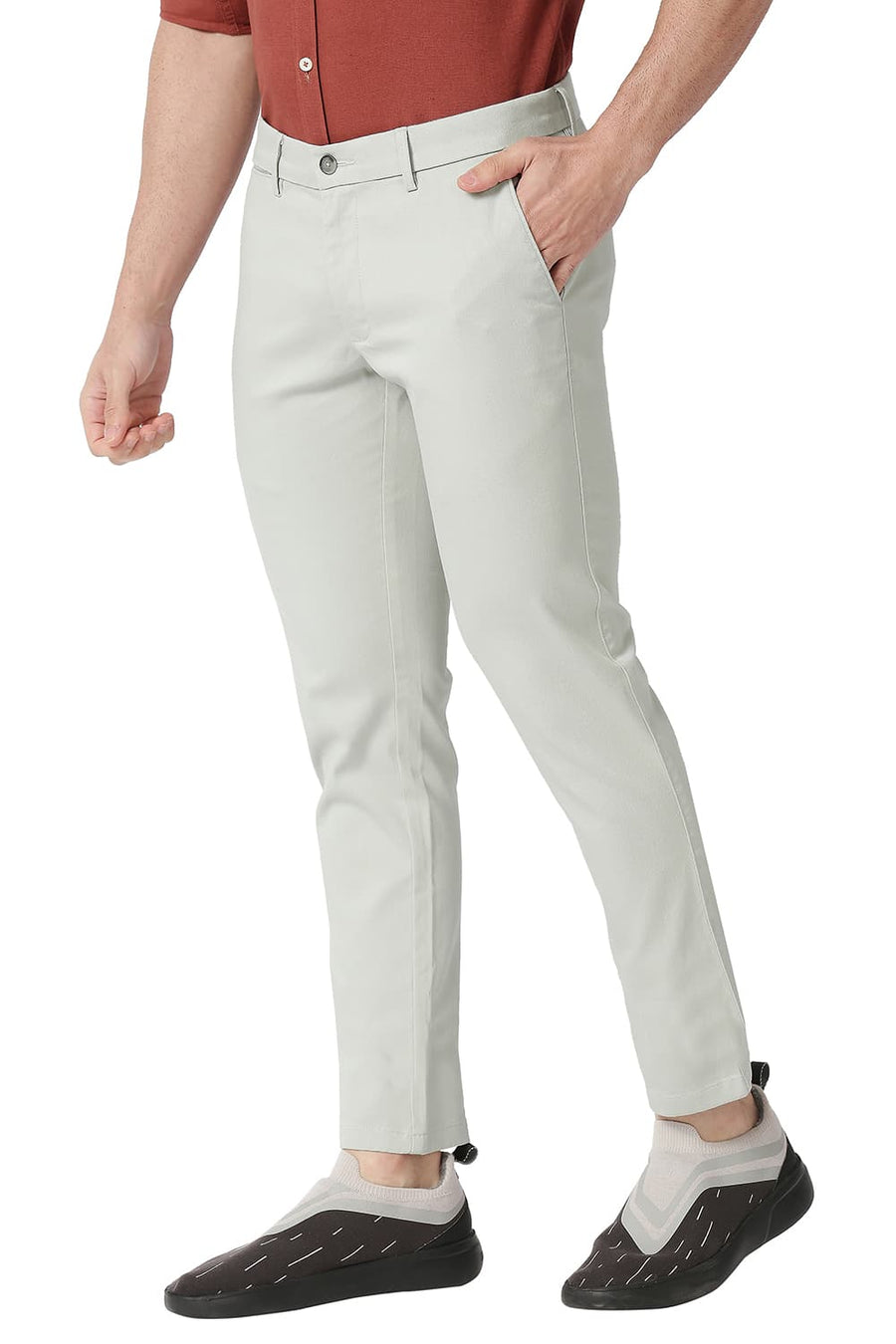 BASICS TAPERED FIT FOGGY GREY COTTON STRETCH TROUSERS