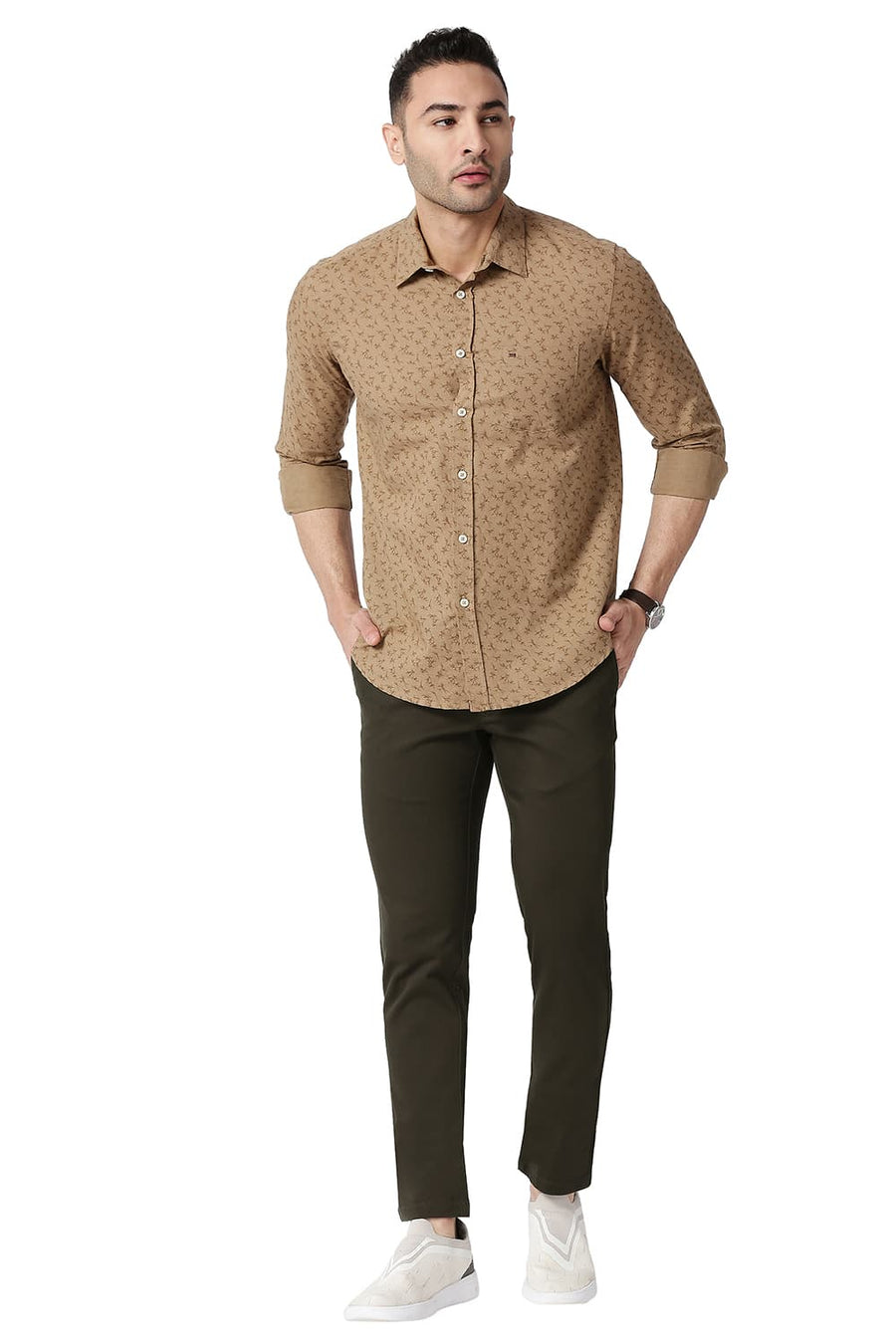 BASICS TAPERED FIT WREN BROWN COTTON STRETCH TROUSERS