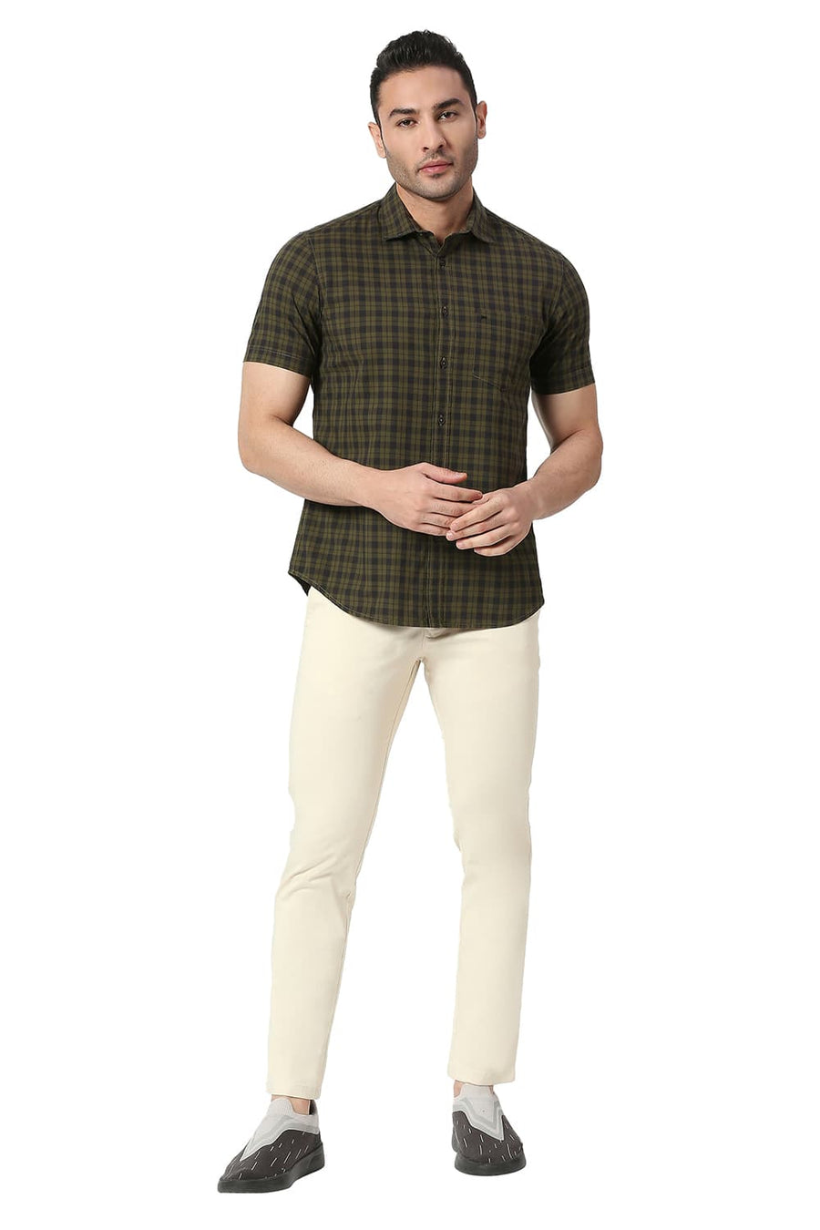 BASICS TAPERED FIT SUMMER BEIGE COTTON STRETCH TROUSERS
