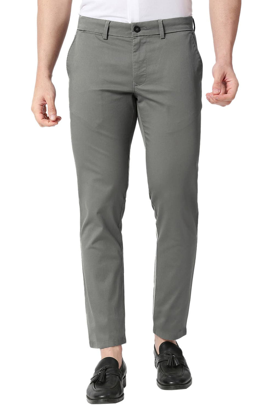 BASICS TAPERED FIT BASIL GREY COTTON STRETCH TROUSERS