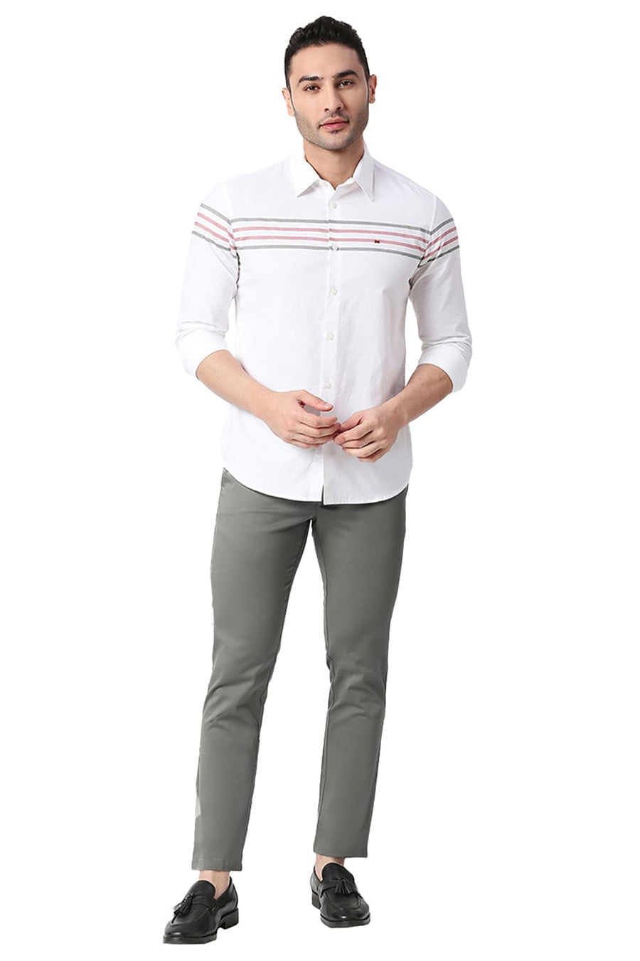 BASICS TAPERED FIT BASIL GREY COTTON STRETCH TROUSERS