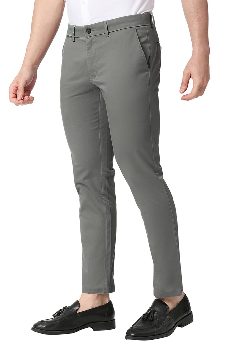 BASICS TAPERED FIT BASIL GREY COTTON STRETCH TROUSERS