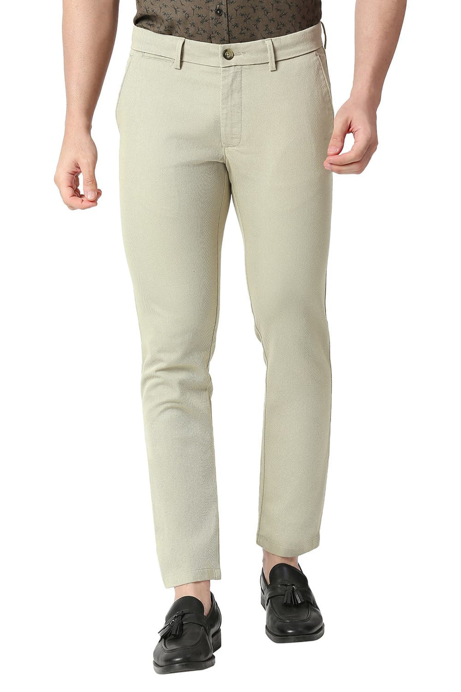 BASICS TAPERED FIT ASPARAGUS KHAKI COTTON STRETCH TROUSERS