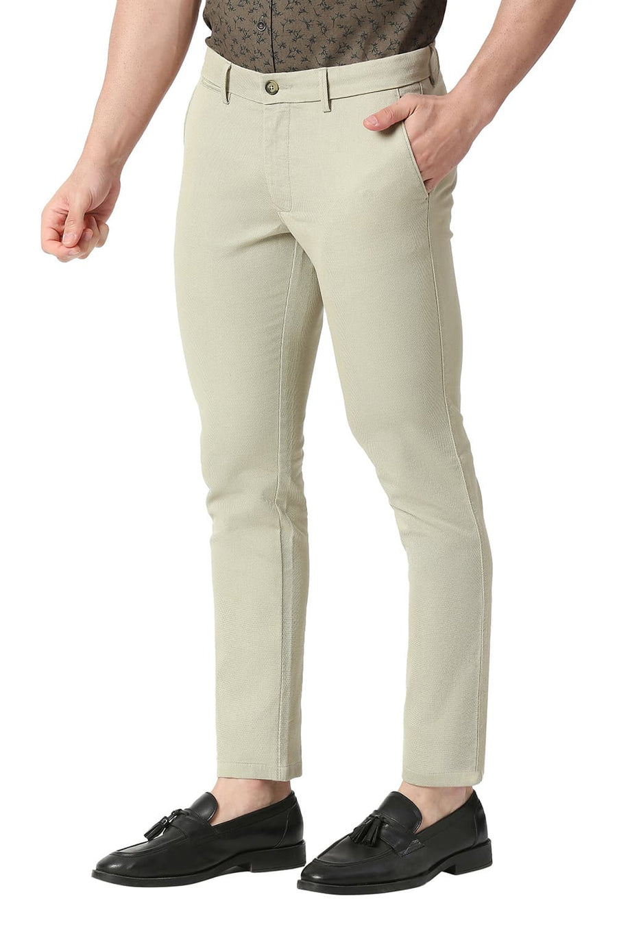 BASICS TAPERED FIT ASPARAGUS KHAKI COTTON STRETCH TROUSERS