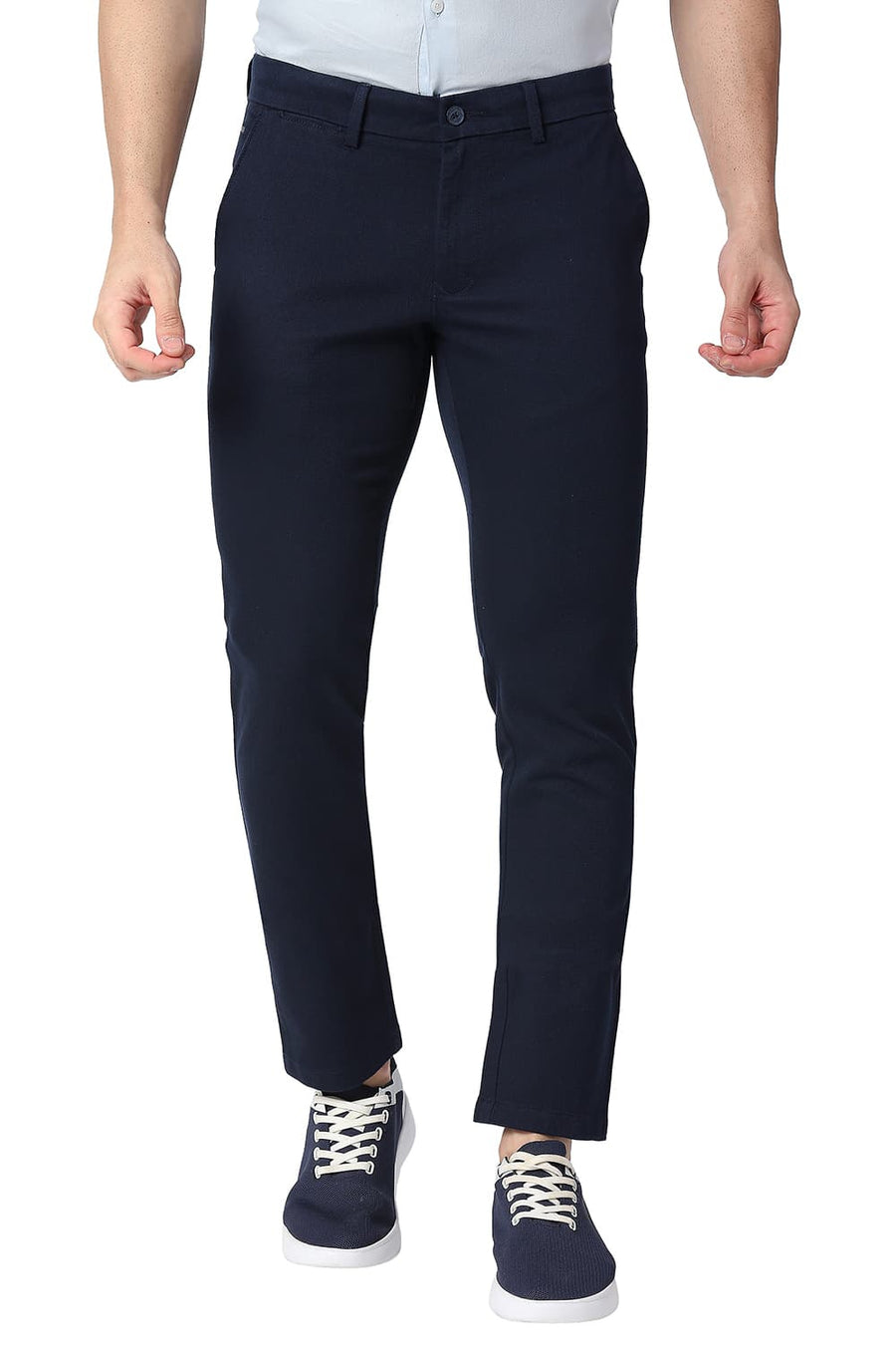 BASICS TAPERED FIT STORM NAVY COTTON STRETCH TROUSERS