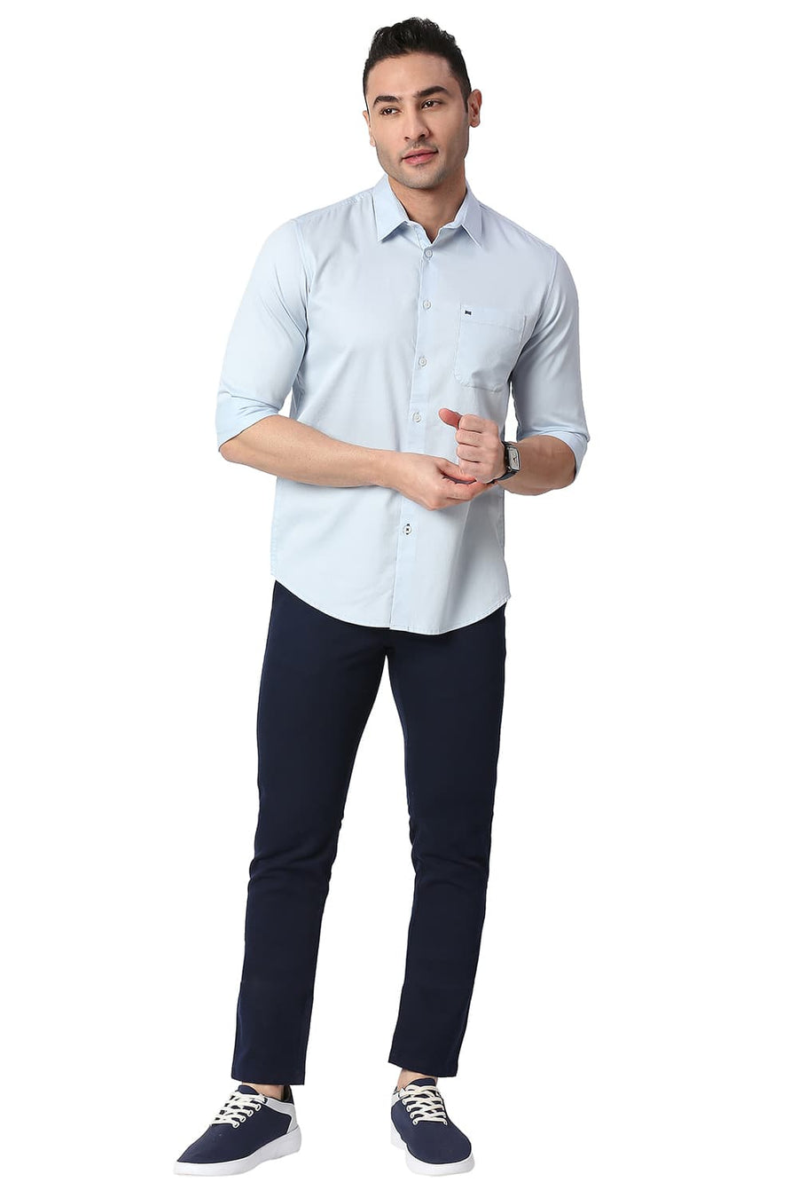 BASICS TAPERED FIT STORM NAVY COTTON STRETCH TROUSERS