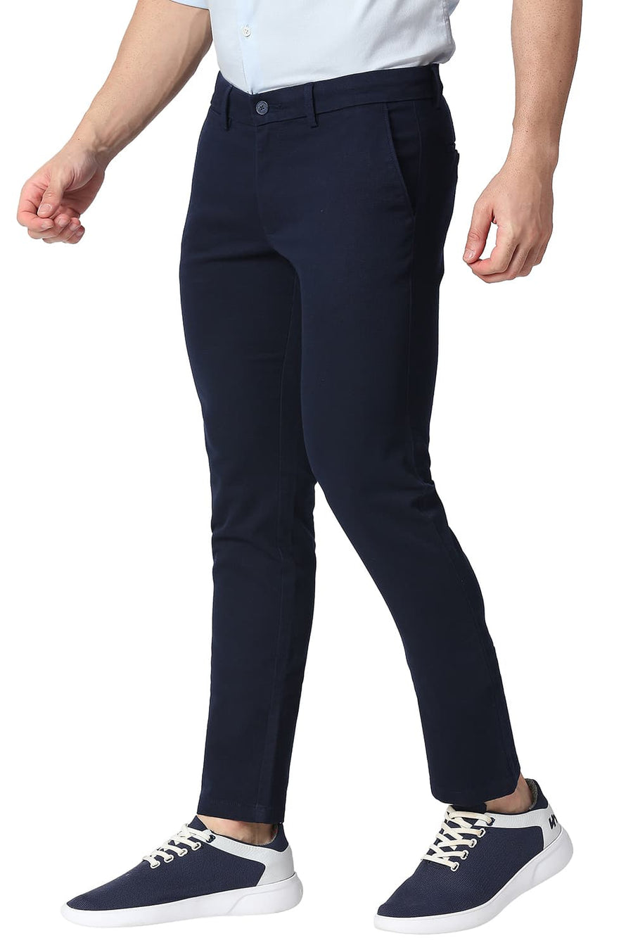 BASICS TAPERED FIT STORM NAVY COTTON STRETCH TROUSERS