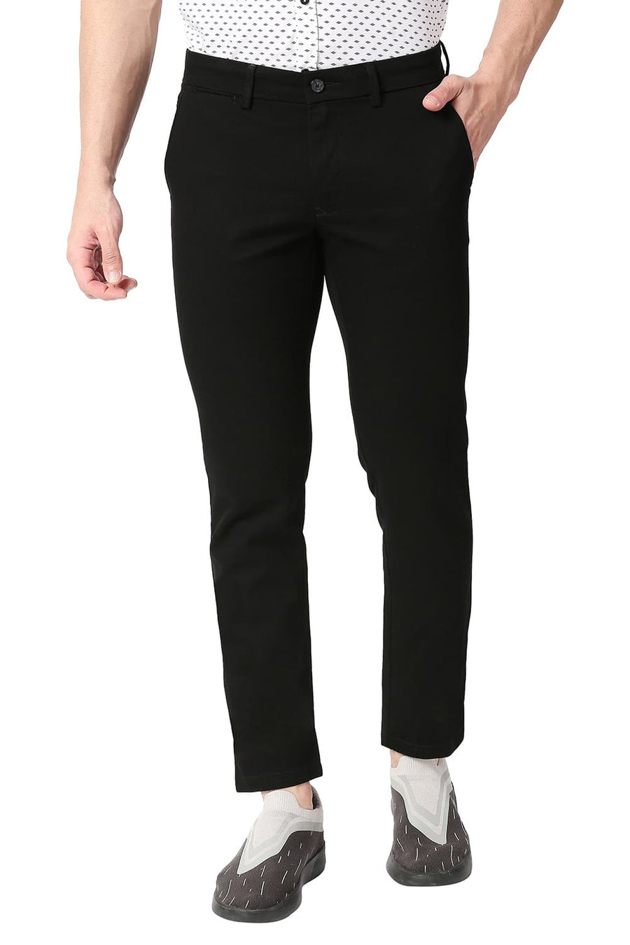 BASICS TAPERED FIT RAVEN BLACK COTTON STRETCH TROUSERS