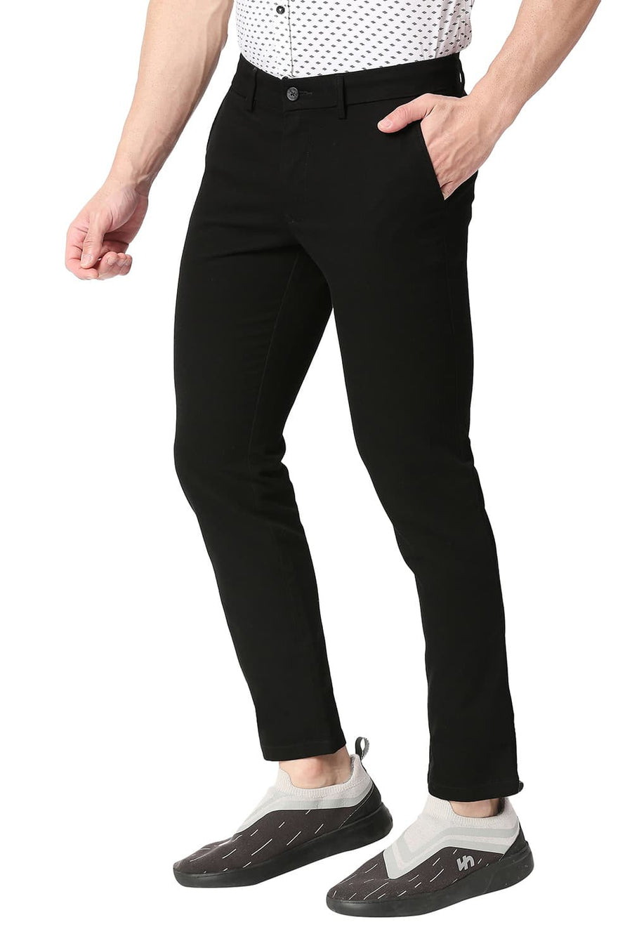 BASICS TAPERED FIT RAVEN BLACK COTTON STRETCH TROUSERS