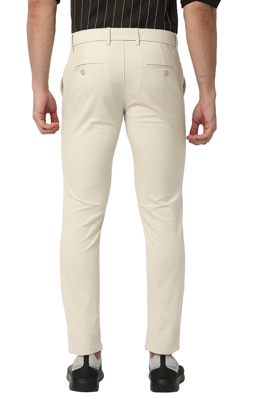 BASICS TAPERED FIT ALMOND BEIGE COTTON STRETCH TROUSERS