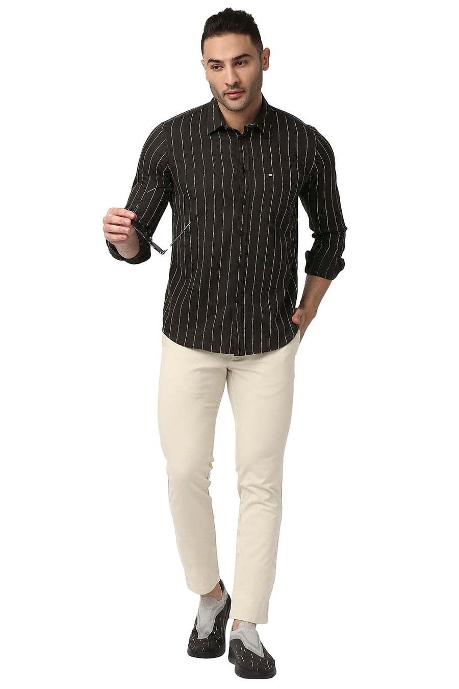 BASICS TAPERED FIT ALMOND BEIGE COTTON STRETCH TROUSERS